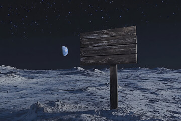 Fototapeta premium A wooden signpost stands on a lunar surface under a starry sky, with Earth visible in the background