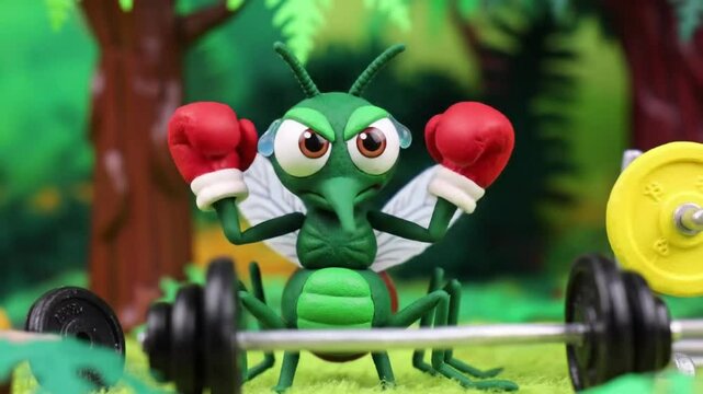 A cartoon mosquito trains at a tiny gym to become the fastest blood-sucker in the jungle Olympics