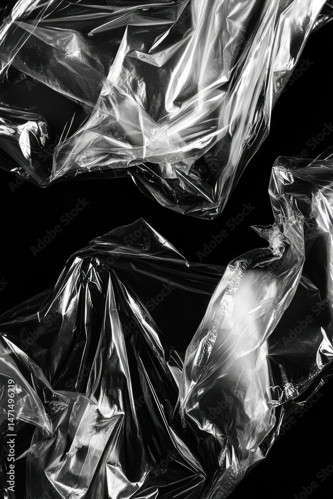 Poster abstract monochrome image of crumpled plastic film, showcasing its translucent texture and folds aga