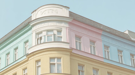 Fototapeta premium Pastel facade with simple details, a clean urban backdrop. Minimalist charm in soft daylight.