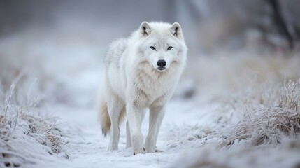 Majestic arctic wolf walking through a snowy winter landscape, its white fur contrasting sharply with the frosted grass and snow. : Generative AI