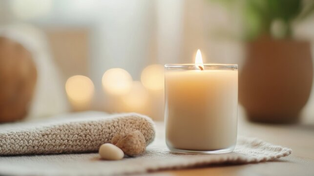 A lit candle in a glass jar sits on a beige textured surface, surrounded by soft lighting and a cozy towel, creating a serene and relaxing atmosphere. : Generative AI - Powered by Adobe