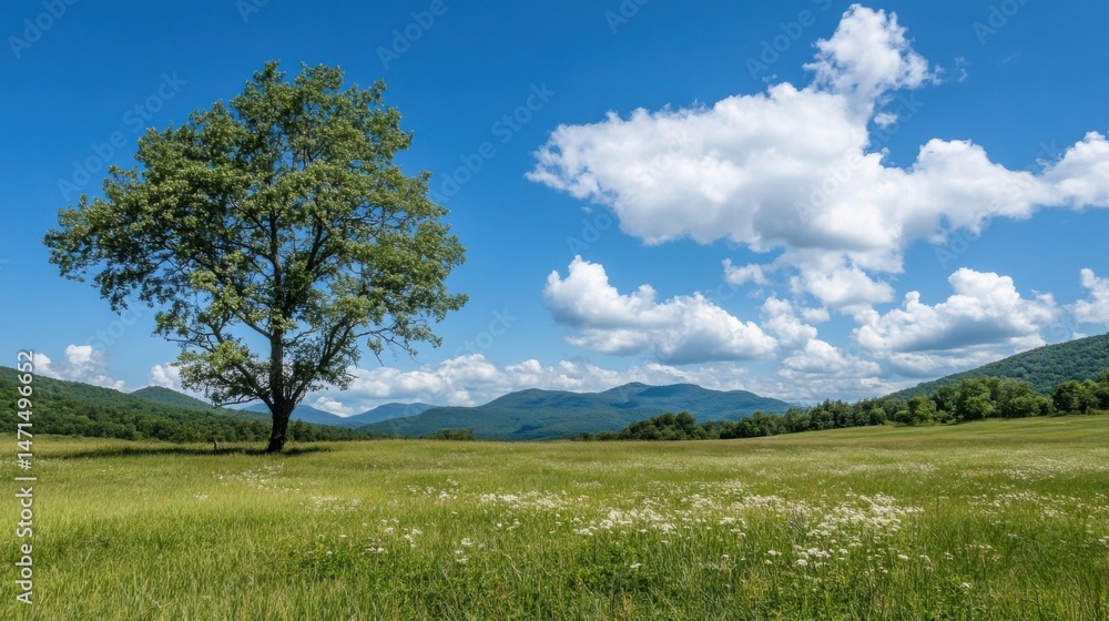 Poster single tree stands in a vibrant green field, overlooking a mountain range under a bright blue sky wi