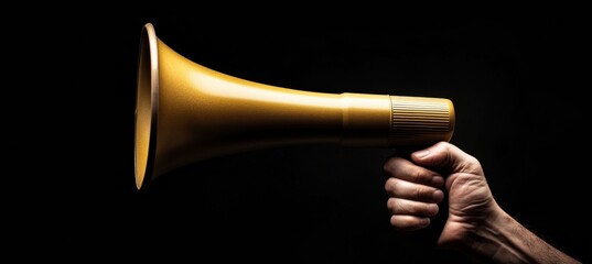 Naklejka premium Powerful Golden Megaphone Held Firmly Against Black Background, Symbolizing Authority and Strength in Vibrant Image