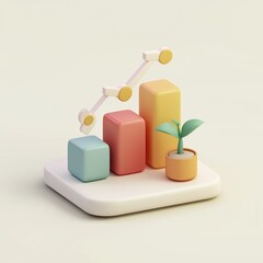 3D Bar Chart and Line Graph With Growth Concept and Plant on Beige Background