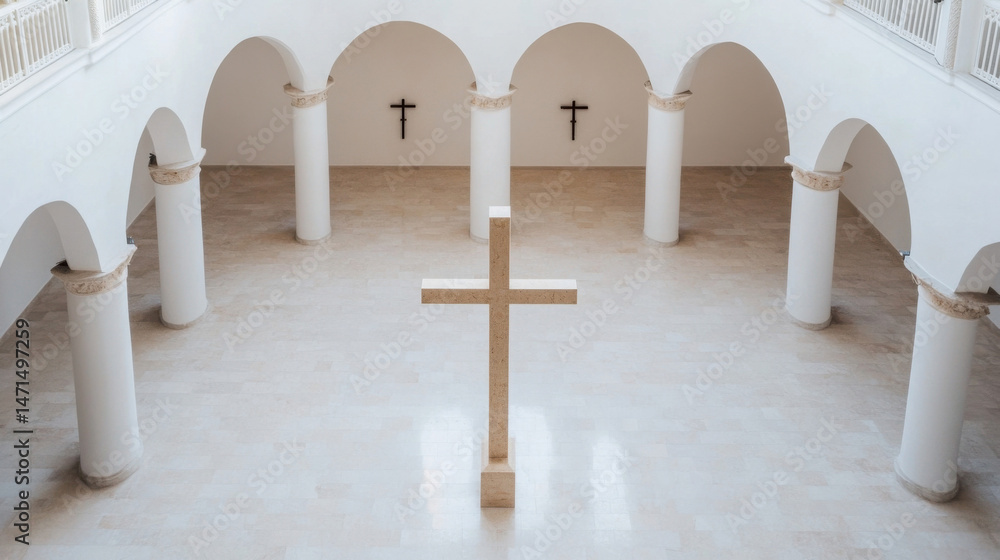 Leinwandbilder large stone cross stands in the center of a bright, spacious hall with white columns and arched door