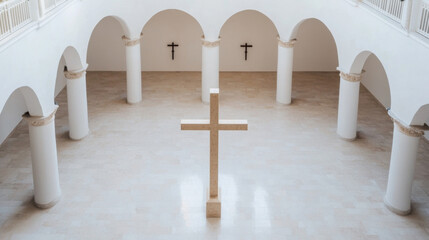 Large stone cross stands in the center of a bright, spacious hall with white columns and arched doorways, creating a serene and spiritual atmosphere. : Generative AI