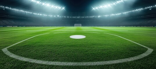 Obraz premium Night view of an empty soccer stadium, illuminated by bright spotlights, showcasing a perfectly manicured green field with white markings. : Generative AI