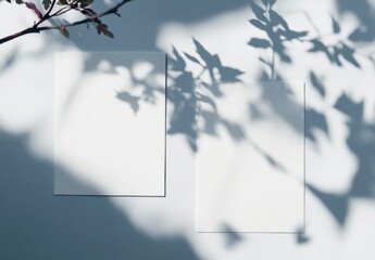 Two blank white cards sit on a light blue textured surface, overlaid with delicate leaf shadows cast by a branch overhead, creating a serene and minimalist aesthetic. : Generative AI