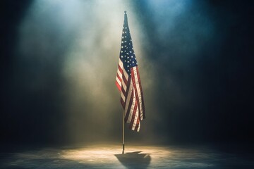 American Flag in Dramatic Spotlight with Smoke-Filled Background