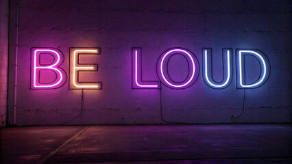 Colorful neon sign message "BE LOUD" glowing on urban wall in dark indoor space, inspiring boldness, expression, and self-confidence through light