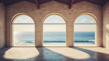 Serene Ocean View: Empty Room with Arched Windows and Stone Walls Overlooking the Blue Horizon and Waves