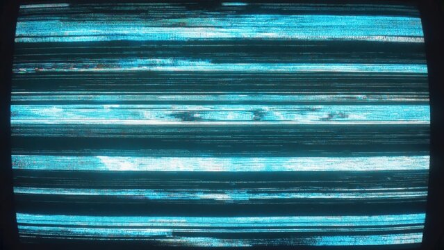 Distorted, horizontal lines and streaks of teal and white on a dark background, resembling static or corrupted video feed