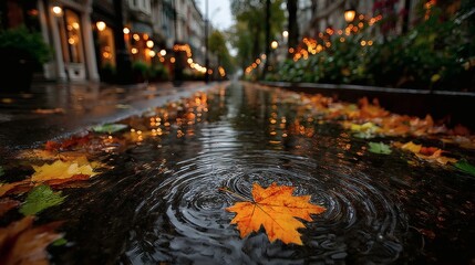 Fallen leaves swirling in a puddle on a rainy city sidewalk 