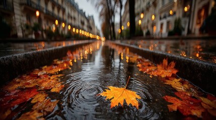 Fallen leaves swirling in a puddle on a rainy city sidewalk 