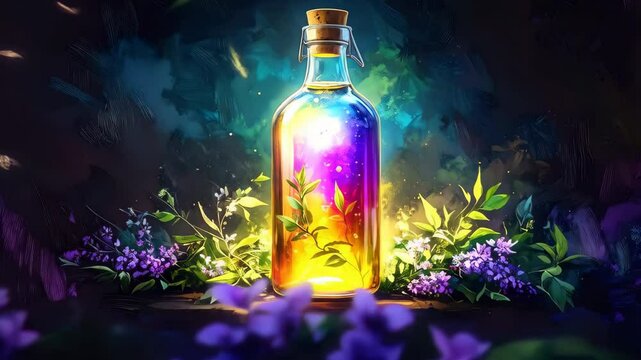 Mystical Potion Bottle with Glowing Colorful Liquid and Herbs Fantasy magical elixir in glass bottle
