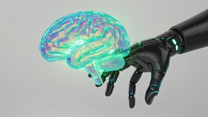Futuristic robotic arm gently holds a translucent, iridescent brain, highlighting the concept of advanced artificial intelligence