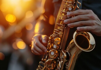 Fototapeta na wymiar Closeup of a musician's hands playing a golden alto saxophone at sunset, warm light illuminating the instrument and blurred city background. : Generative AI