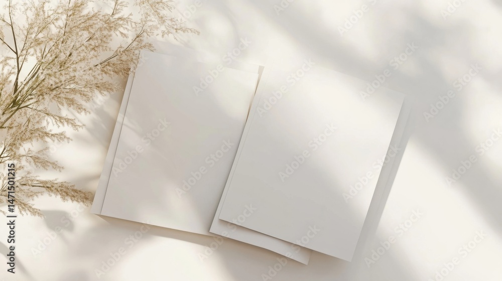 Poster two blank white cards arranged on a beige surface, with dried beige flowers and soft sunlight shadow