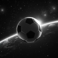 Fototapeta premium Dynamic soccer ball mid-flight through asteroid field, motion blur on rocks, glowing trail behind ball, cinematic space lighting with vibrant colors, 4K resolution detail