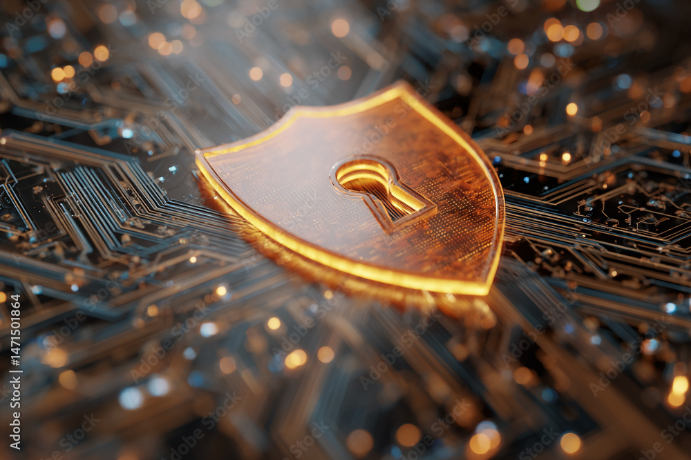 Poster Glowing amber shield with keyhole rests on circuit board, symbolizing digital security and data protection, ideal for technology or cybersecurity concepts