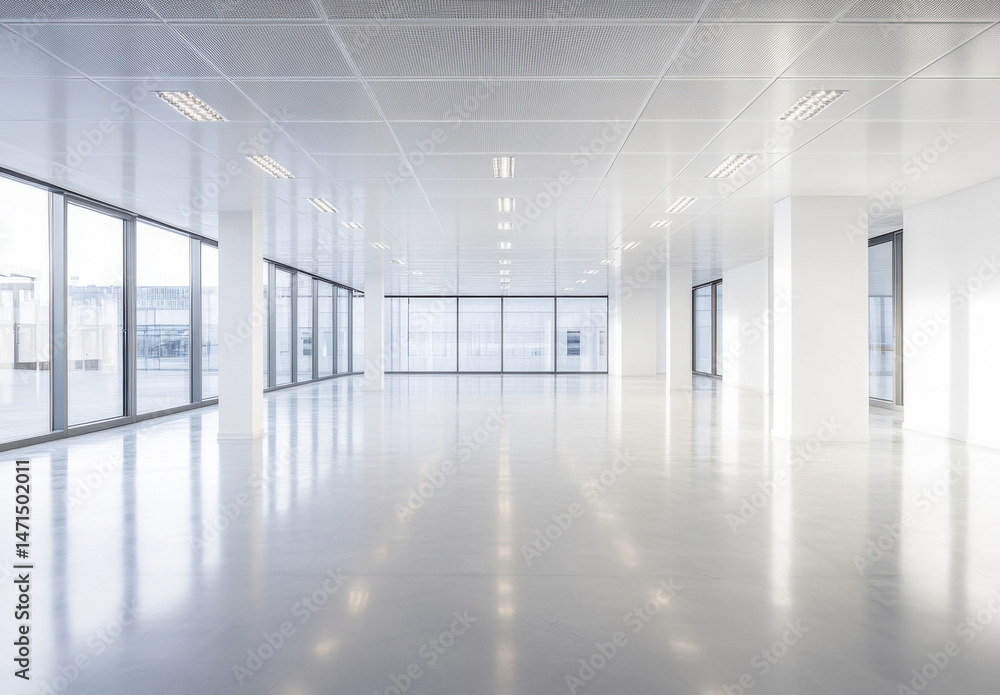 Poster Spacious, modern, empty office space with large windows and bright lighting, ideal for showcasing business concepts or architectural designs. : Generative AI