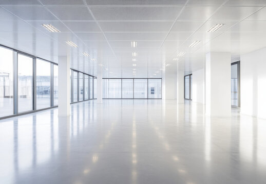 Spacious, modern, empty office space with large windows and bright lighting, ideal for showcasing business concepts or architectural designs. : Generative AI