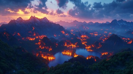 Fiery mountain range at sunset