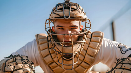 Close Up Portrait of Young Baseball Catcher in Tan Protective Gear Outdoors