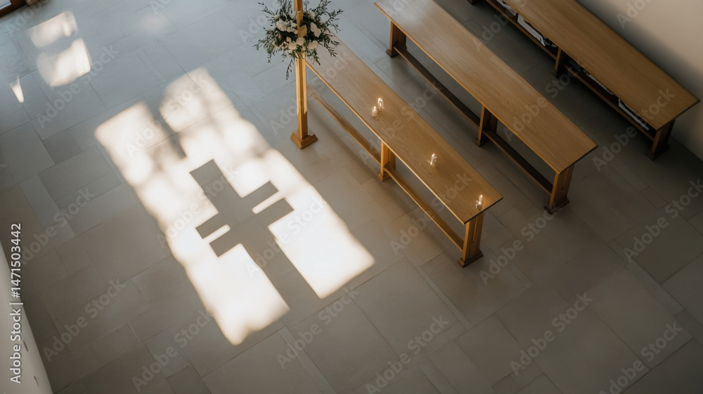 Poster Sunlight casts a cross-shaped shadow on the pale floor of a minimalist chapel, illuminating simple wooden benches and a floral arrangement. : Generative AI