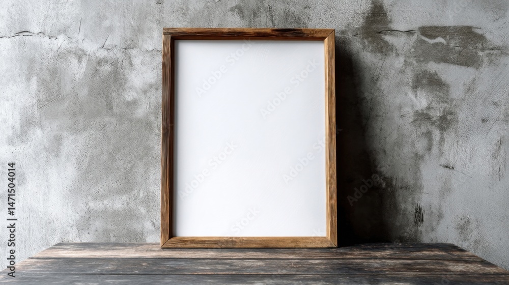 Leinwandbilder empty rustic wooden frame on dark wooden table against a textured grey concrete wall, offering a min