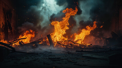 Burning building engulfed in flames and smoke at night