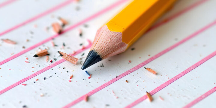 Close Up of Sharpened Yellow Pencil on Pink Lined Paper with Shavings