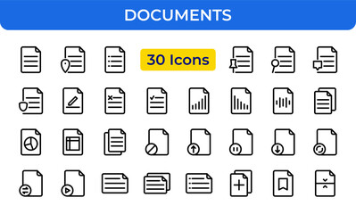 Documents Vector Icon Set - Editable Line Weight - Document, file, folder, report, paper, text, data, archive, note, contract, form, page, sheet, office, business icons