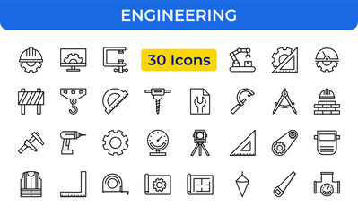 Engineering Construction Building Tools Line Icons Set Industry Science Technology Outline Vector Editable Stroke