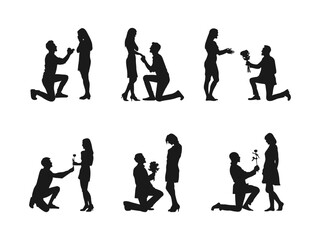 Man proposes to woman to marry him vector silhouette. Young man proposing to his girlfriend, vector. A man on his knees makes a proposal to marry the woman, vector illustration.