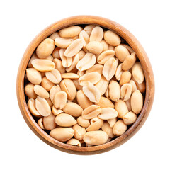 Roasted peanuts in a wooden bowl. Ready-to-eat crunchy snack food, made from the fruits of Arachis hypogaea, also known as groundnut, goober, pindar or monkey nut. Close up, isolated from above. Photo