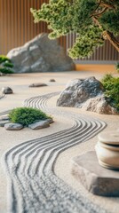 Tranquil Zen Garden with Raked Sand, Stones, and Lush Greenery