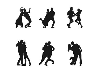 A set of romantic couple dancing and having fun together in silhouette. Happy People, Love, Happiness, Man, Women, Dance, Kiss, Lovers, Family, Black, Isolated.