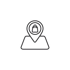 Outline style icon of a shopping destination with map pin and store symbol. Ideal for retail, e-commerce, location-based services, and navigation-related design projects. Clean and modern line art 