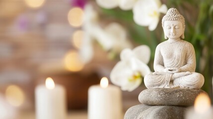 Serene Buddha statue meditates peacefully atop grey stones, surrounded by soft candlelight and delicate white orchids, creating a tranquil atmosphere. : Generative AI