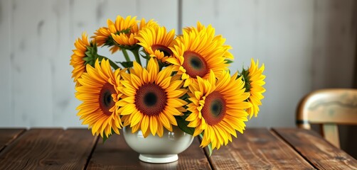 A ceramic vase filled with vibrant sunflowers sits on a rustic wooden table, flowers, detail