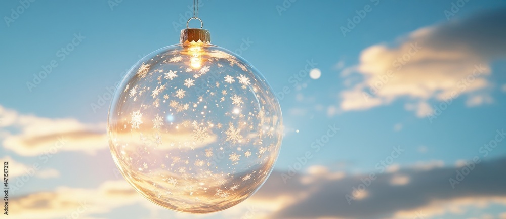 Poster a glass christmas ornament with snowflake pattern hangs against a soft, pastel sunset sky, creating 
