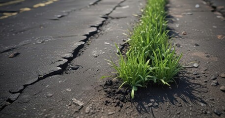 Vibrant green grass sprouts from a fissure in aged asphalt ,  green,  growth