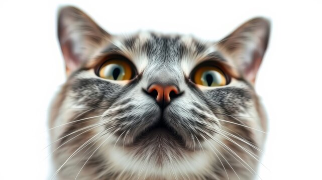 A curious gray tabby cat with striking yellow eyes stares intently upward against a bright white background.