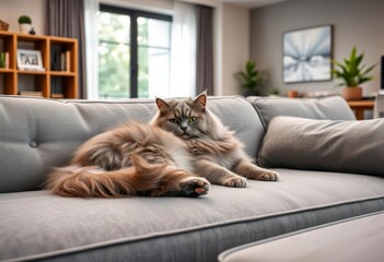 A fluffy grey cat lounging on a large grey sofa in a modern living room, animal, serene