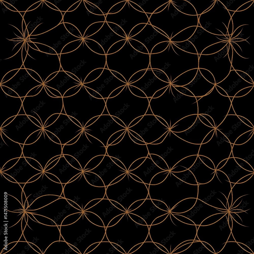 Poster intertwined bronze lines form a repeating geometric pattern on a black background