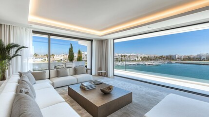 Fototapeta premium Luxurious modern living space with water views.