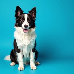 Close-up of adorable border collie sitting on vibrant blue background, attentive, loyal