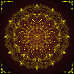 Glowing Ornamental Floral Mandala Vector Design for Wall Art, Greeting Card, Home Decor, Poster, Fabric Print, Digital Background, Invitation, Ornament, Logo, Coloring Book with Yellow-Blood Red 